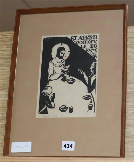 Joan Collette, woodblock in black, Christ taking communion, signed and dated 1924, 21 x 15cm